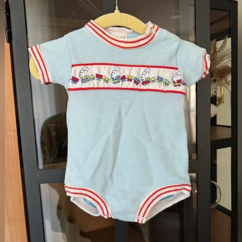 Vintage 90s Carter’s bubble romper embroidered train baby boy corduroy shortall